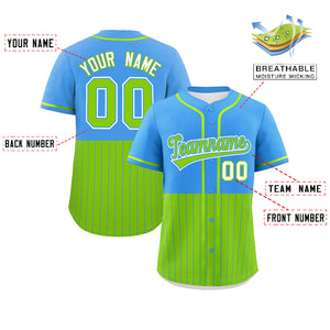 Custom Powder Blue Neon Green Personalized Half Stripe Design Authentic Baseball Jersey