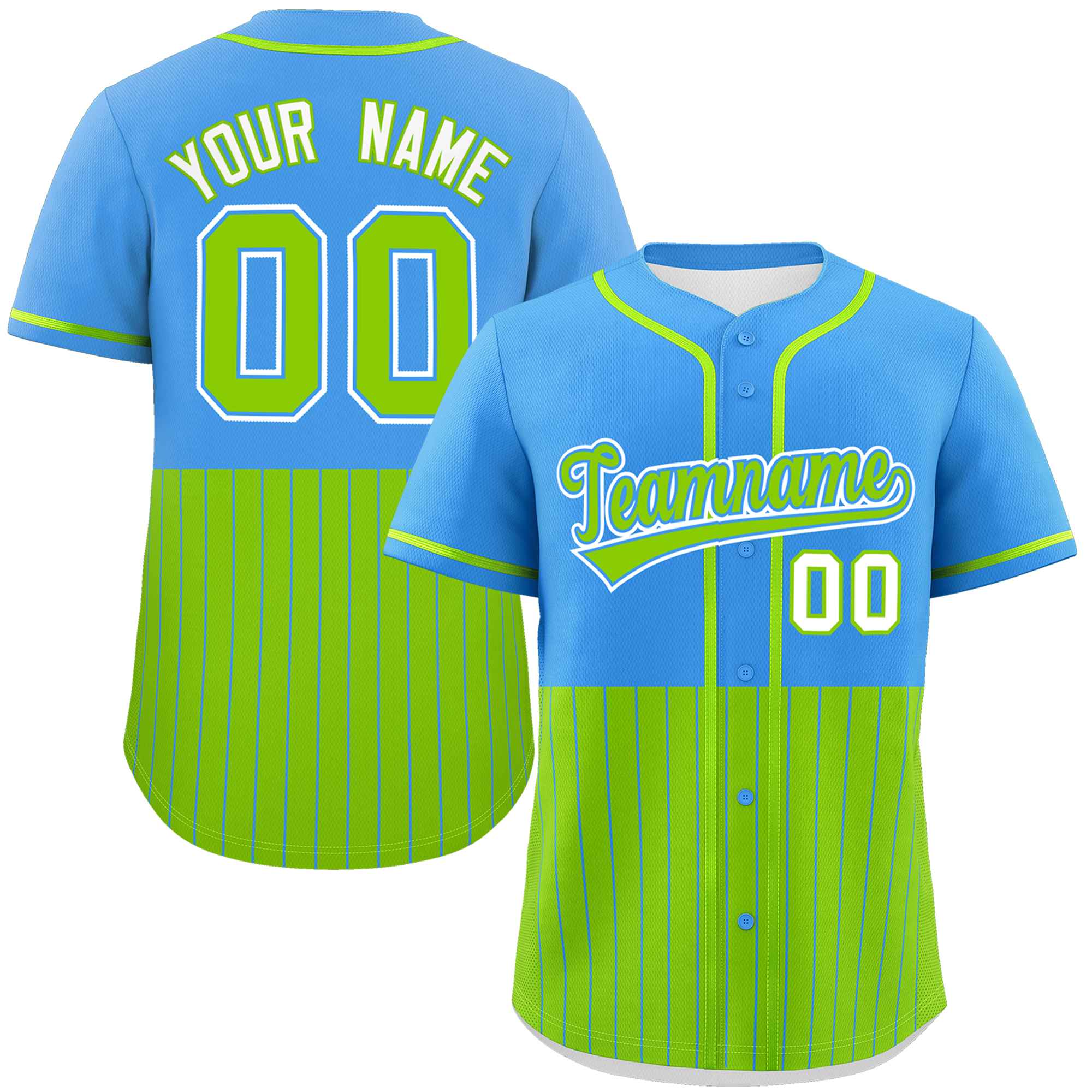 Custom Powder Blue Neon Green Personalized Half Stripe Design Authentic Baseball Jersey