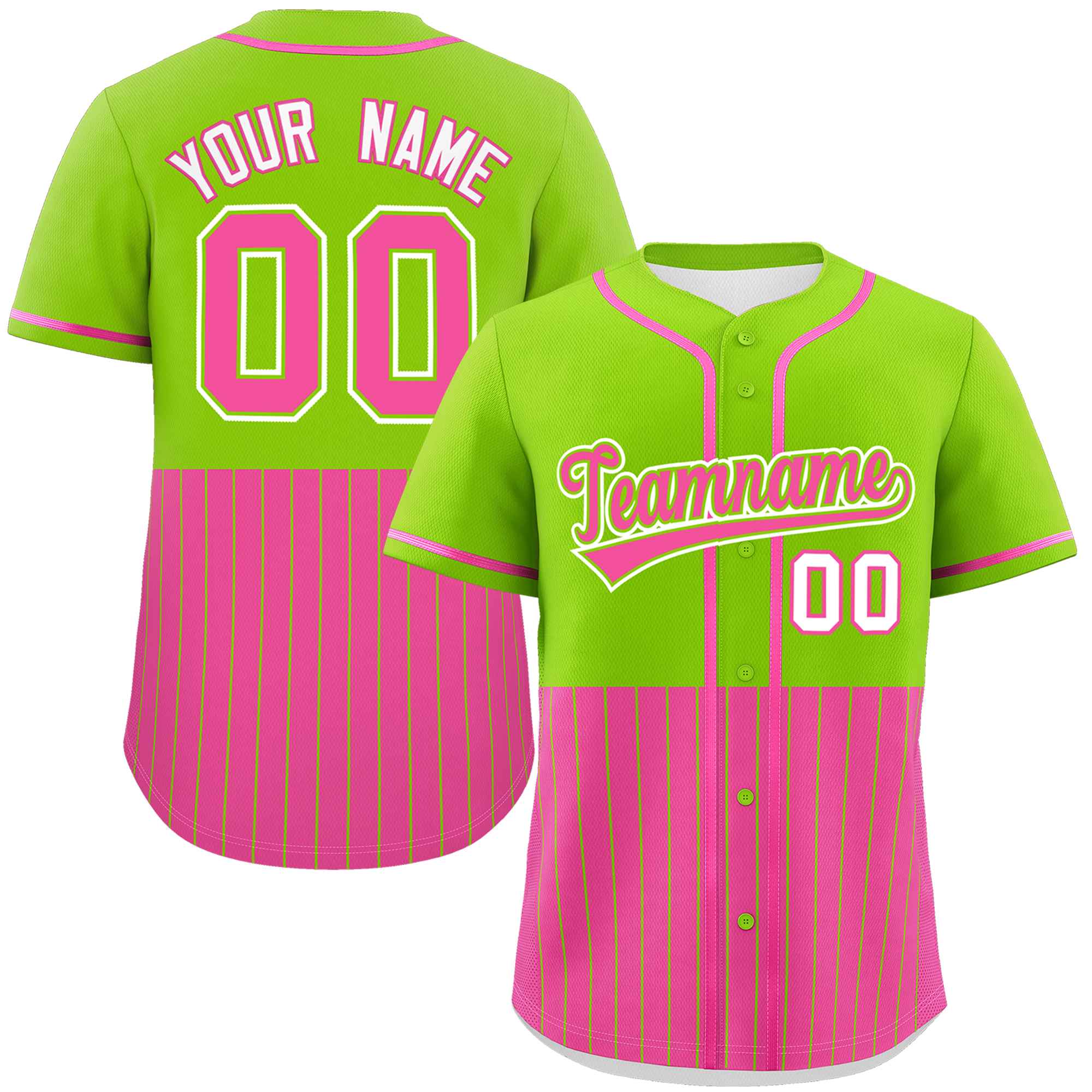 Custom Neon Green Pink Personalized Half Stripe Design Authentic Baseball Jersey