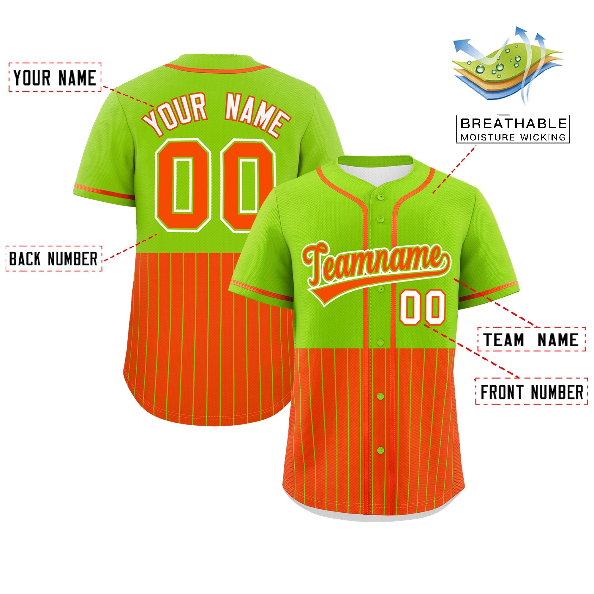 Custom Neon Green Orange Personalized Half Stripe Design Authentic Baseball Jersey