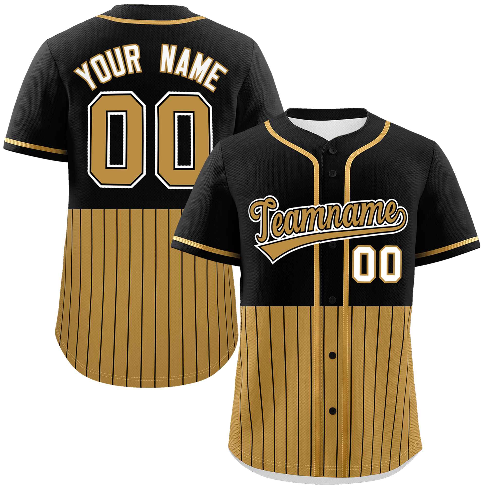 Custom Black Old Gold Personalized Half Stripe Design Authentic Baseball Jersey