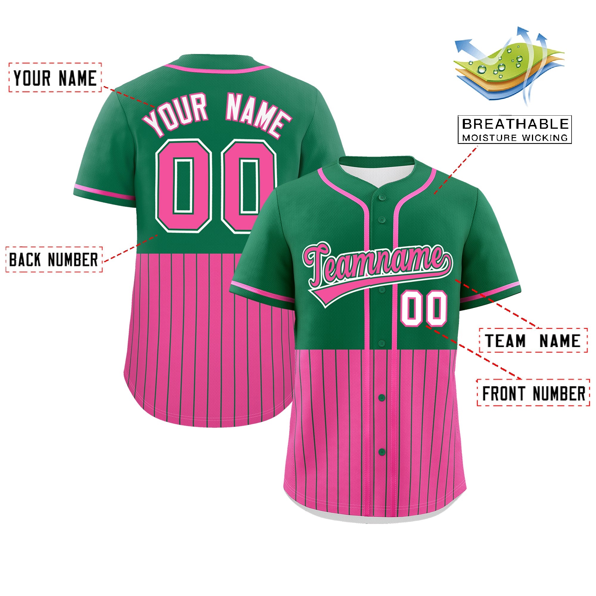 Custom Kelly Green Pink Personalized Half Stripe Design Authentic Baseball Jersey