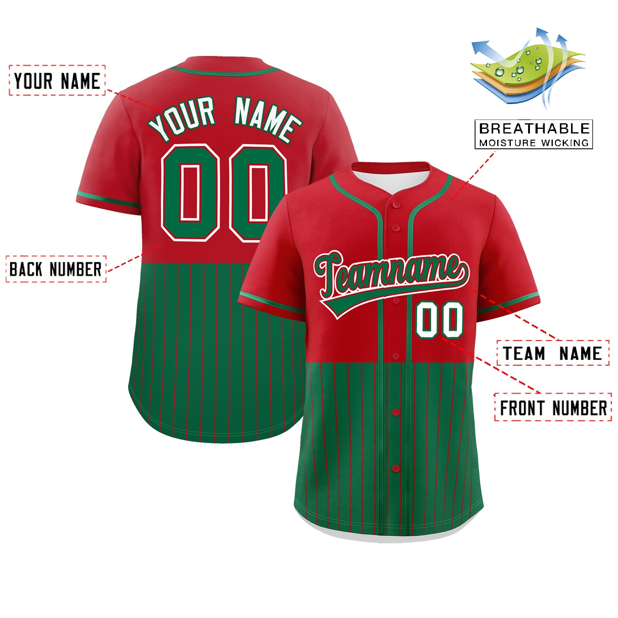 Custom Red Kelly Green Personalized Half Stripe Design Authentic Baseball Jersey