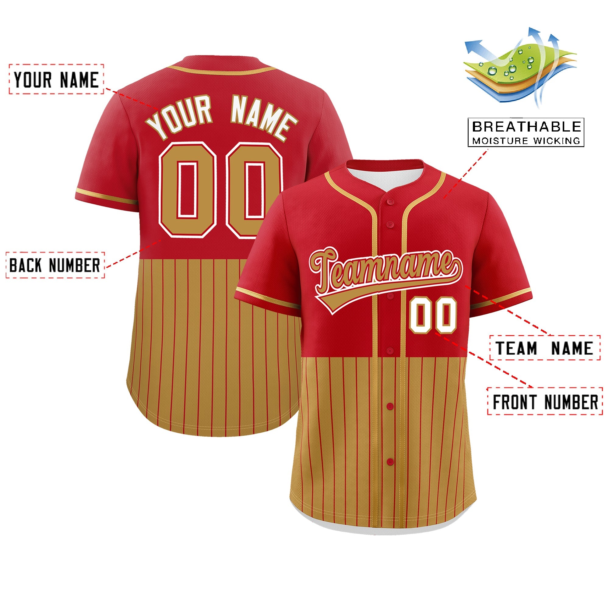 Custom Red Old Gold Personalized Half Stripe Design Authentic Baseball Jersey