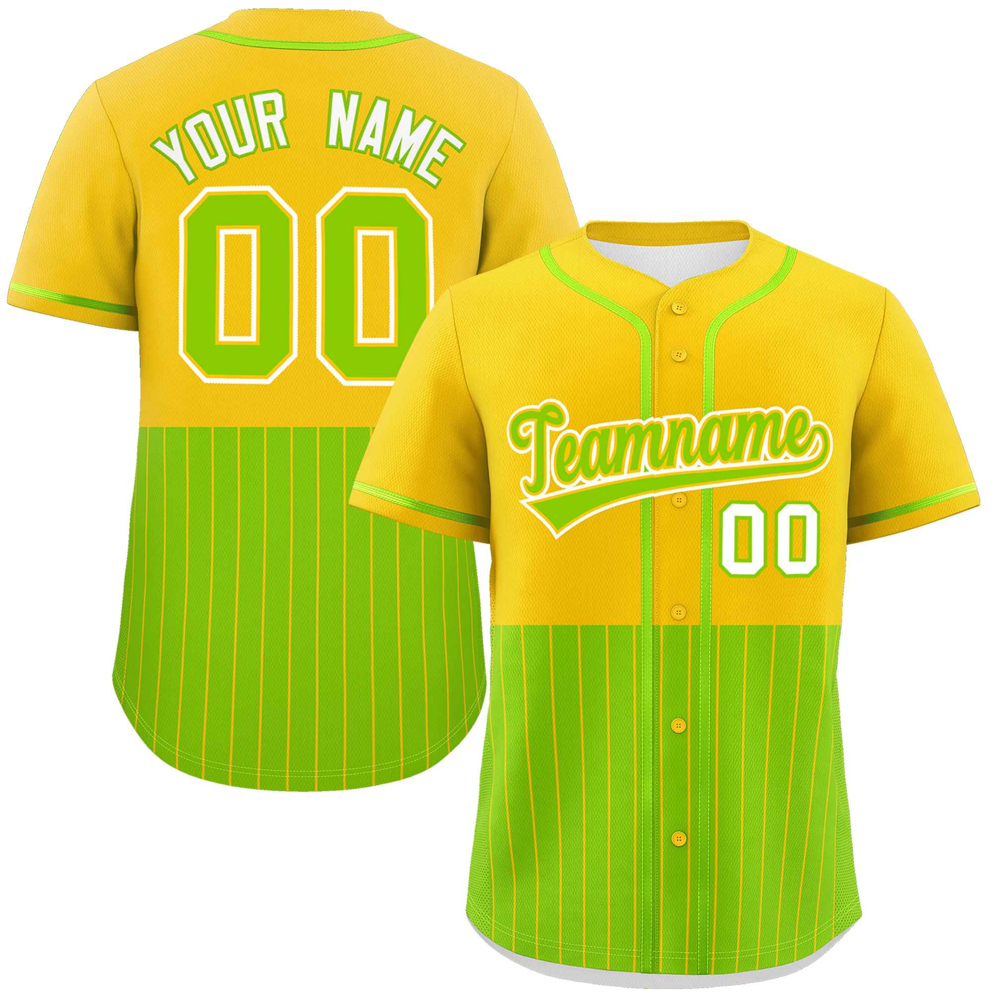 Custom Gold Neon Green Personalized Half Stripe Design Authentic Baseball Jersey