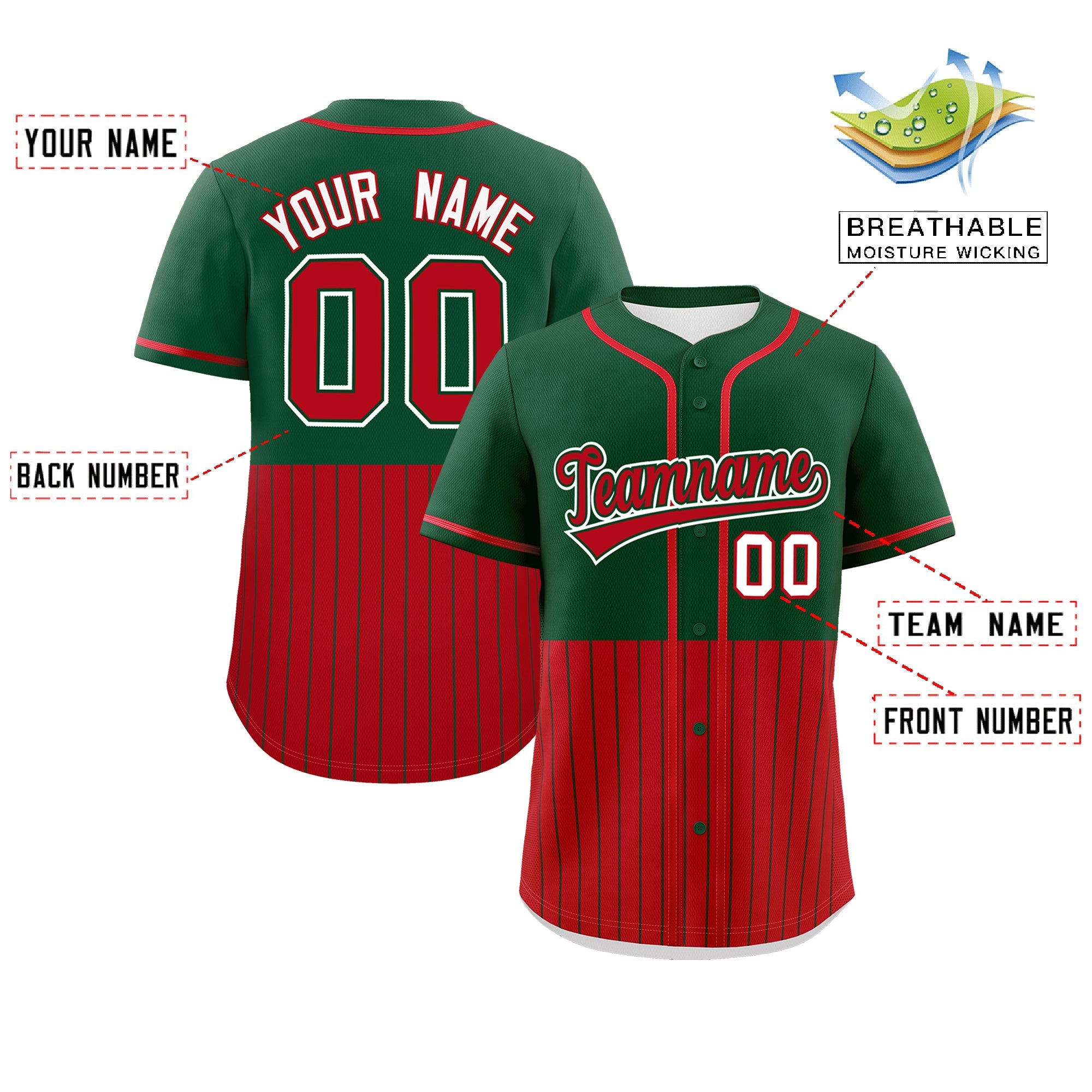 Custom Green Red Personalized Half Stripe Design Authentic Baseball Jersey