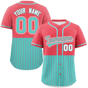 Custom Light Red Bright Green Personalized Half Stripe Design Authentic Baseball Jersey