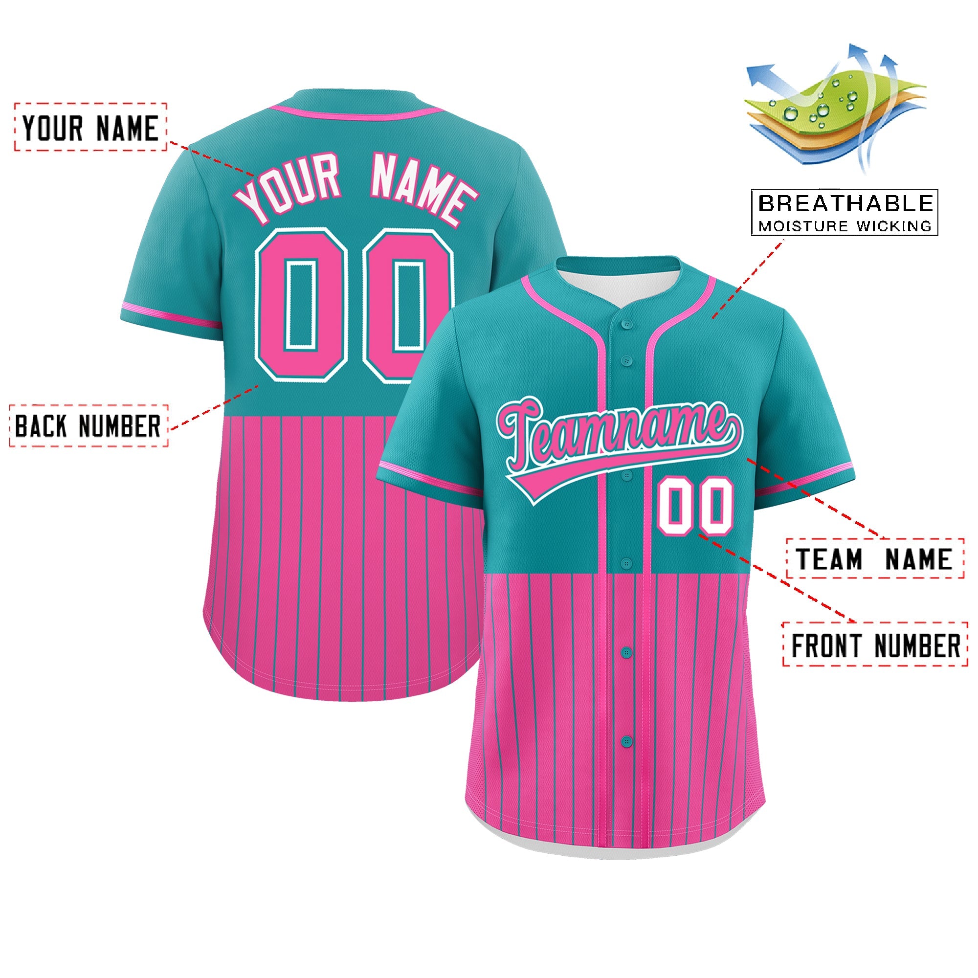 Custom Aqua Pink Personalized Half Stripe Design Authentic Baseball Jersey