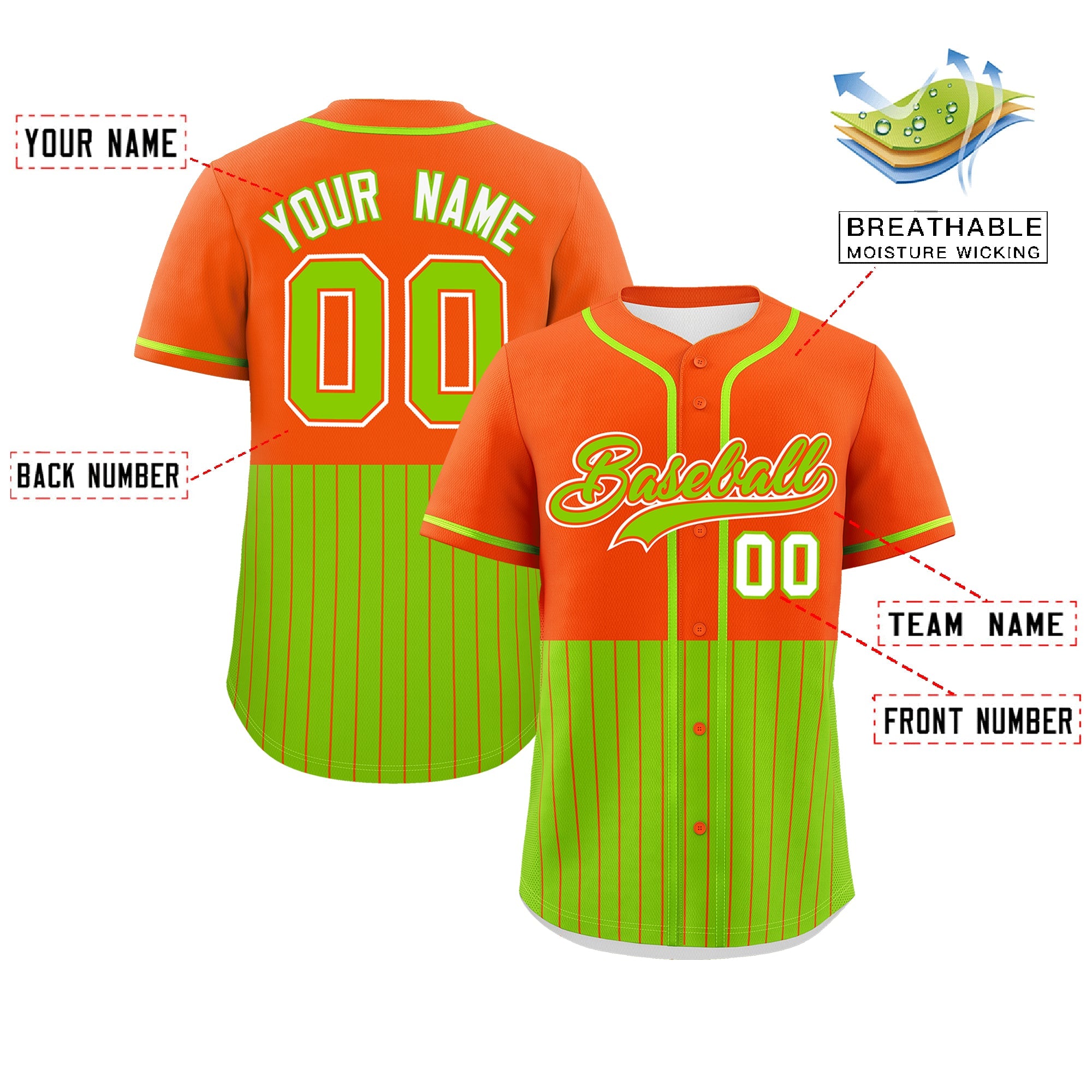 Custom Orange Neon Green Personalized Half Stripe Design Authentic Baseball Jersey