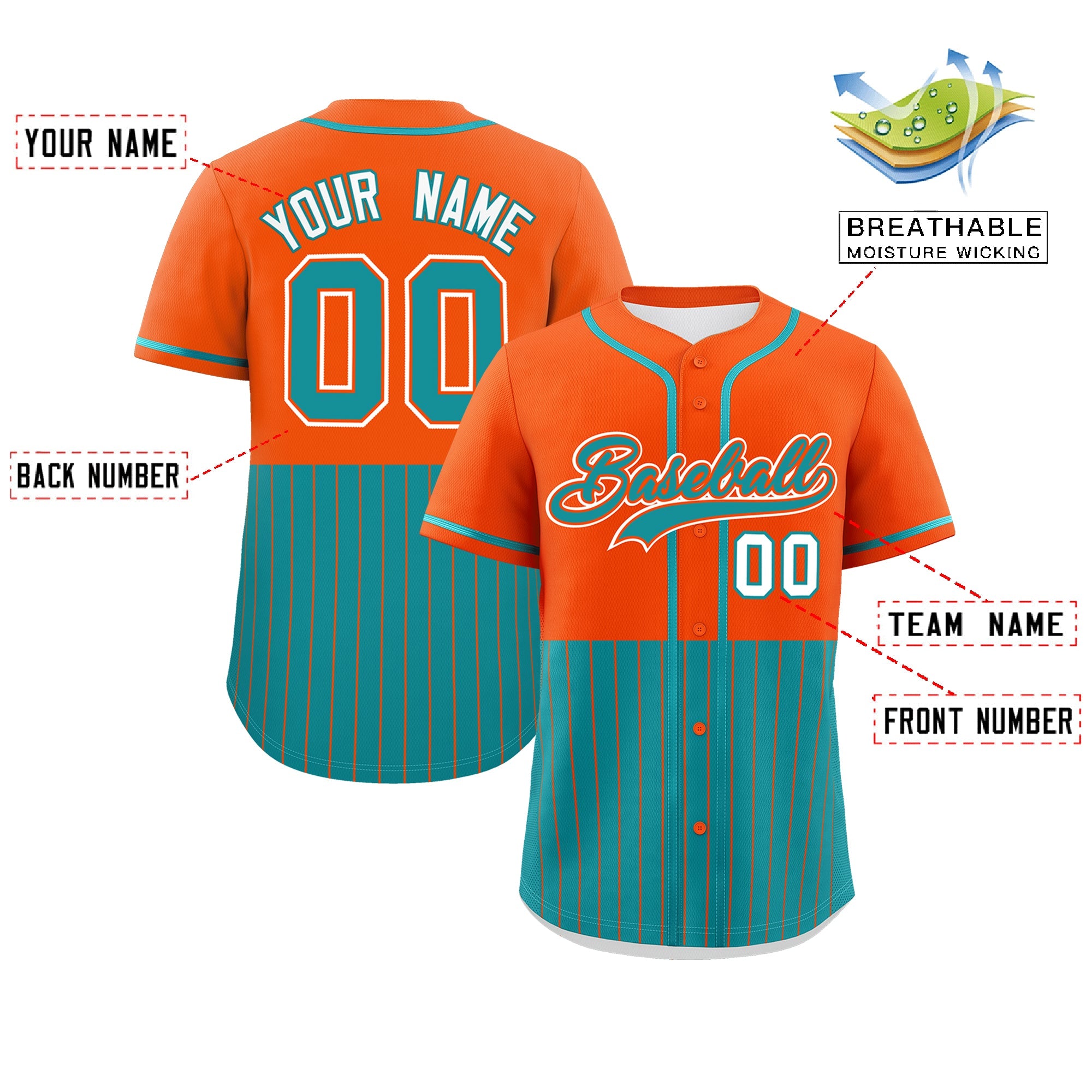 Custom Orange Aqua Personalized Half Stripe Design Authentic Baseball Jersey