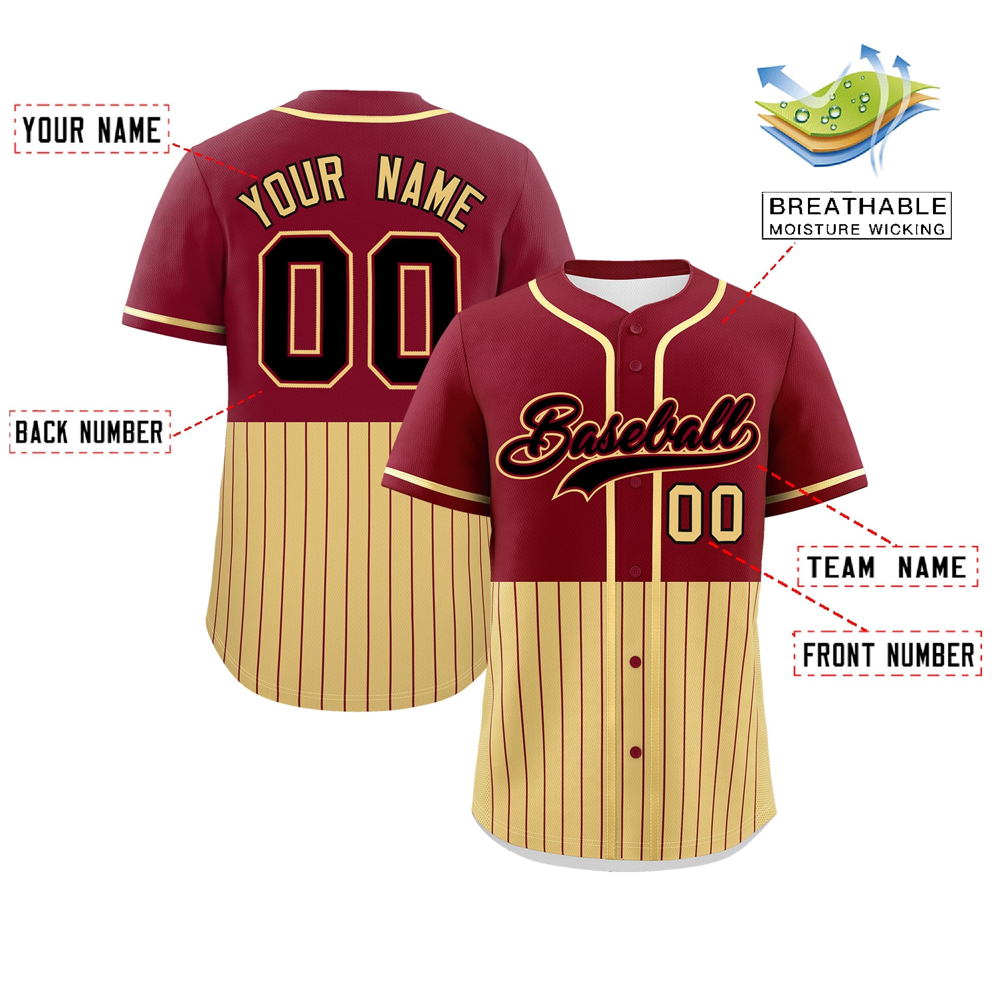 Custom Crimson Khaki Personalized Half Stripe Design Authentic Baseball Jersey