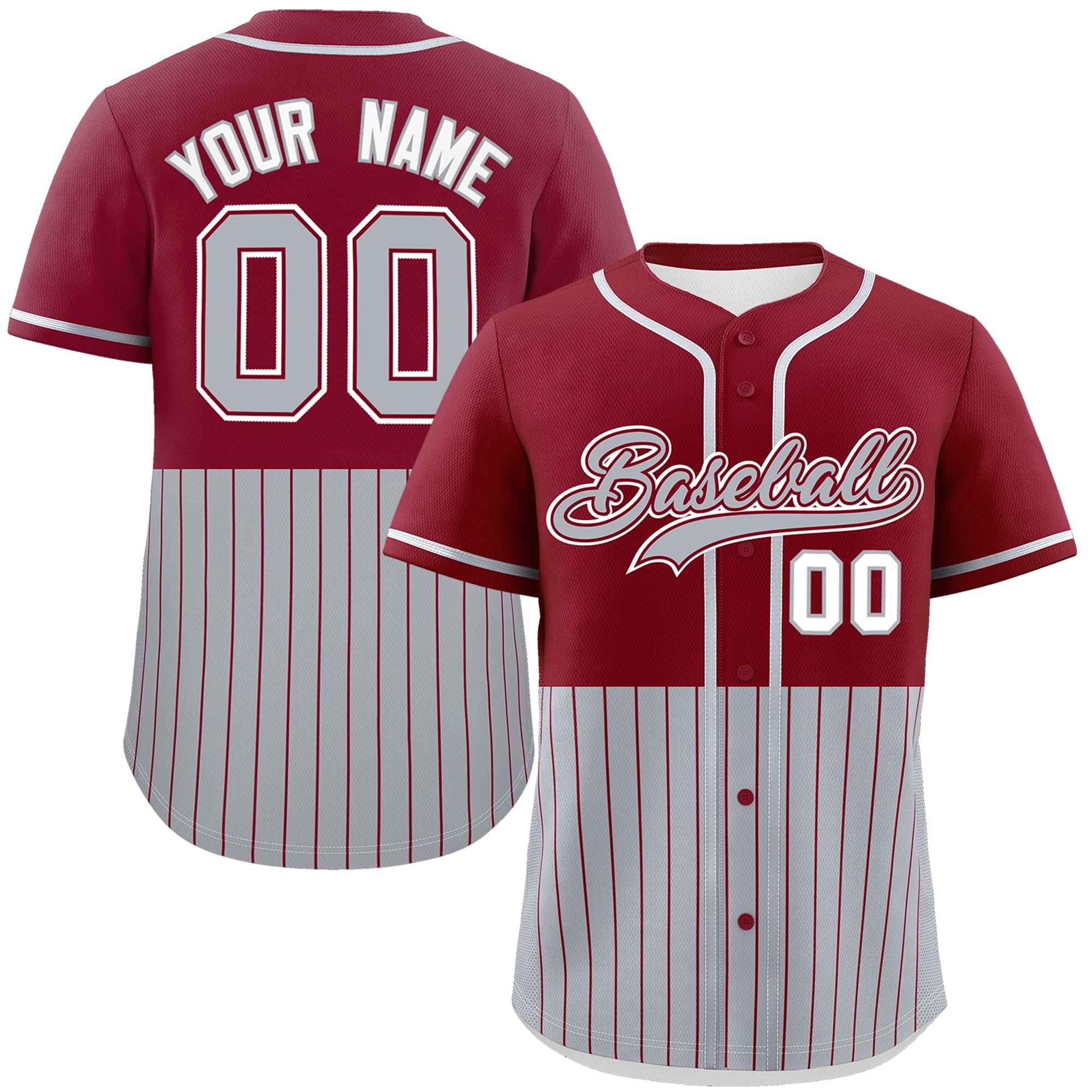 Custom Crimson Gray Personalized Half Stripe Design Authentic Baseball Jersey