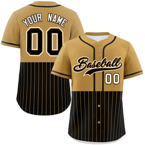 Custom Old Gold Black Personalized Half Stripe Design Authentic Baseball Jersey