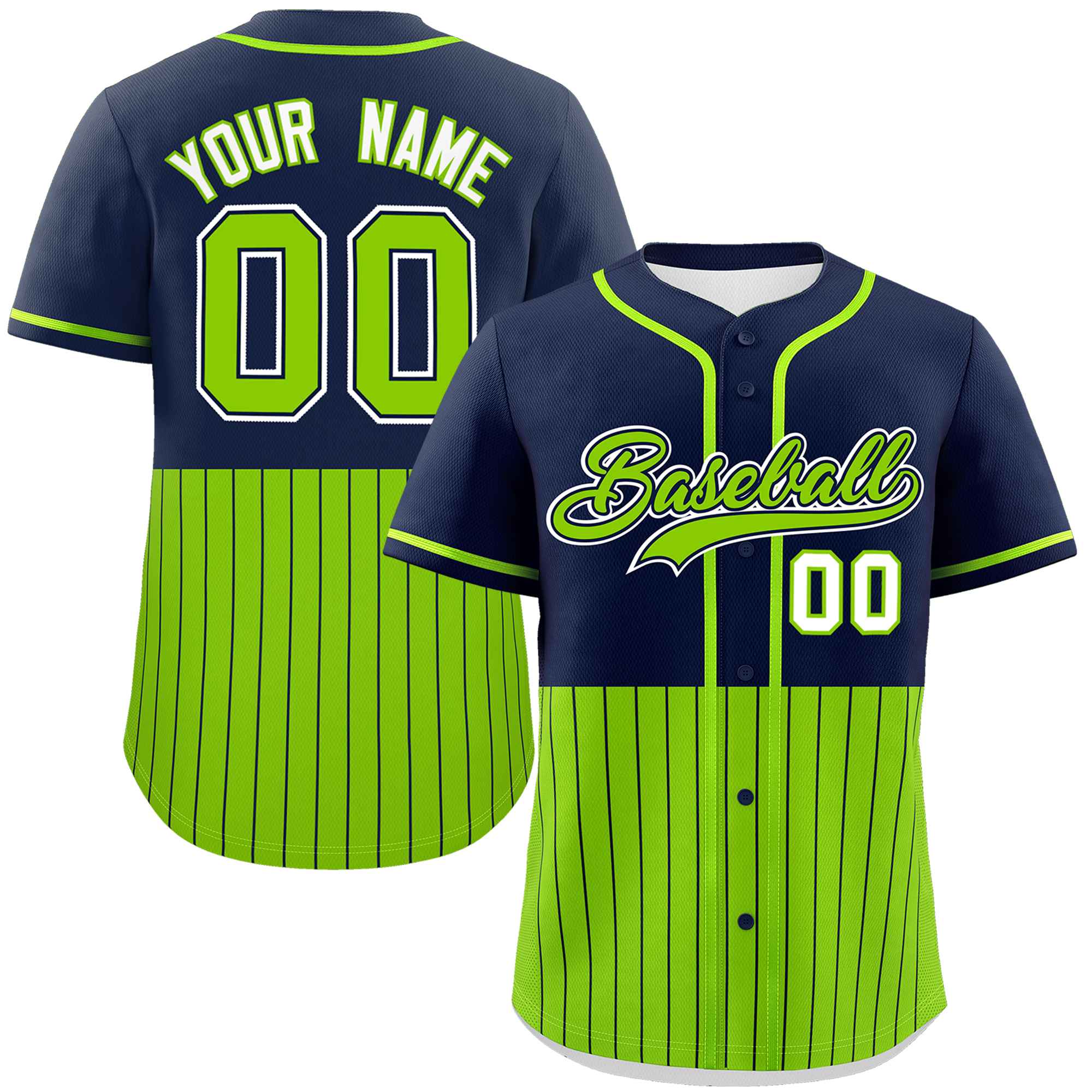 Custom Navy Neon Green Personalized Half Stripe Design Authentic Baseball Jersey