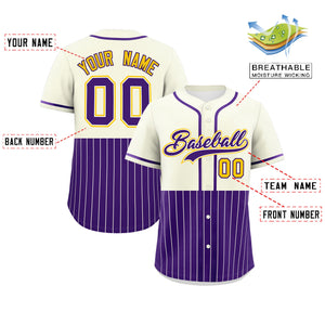 Custom Cream Purple Personalized Half Stripe Design Authentic Baseball Jersey