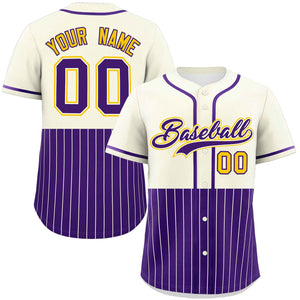 Custom Cream Purple Personalized Half Stripe Design Authentic Baseball Jersey