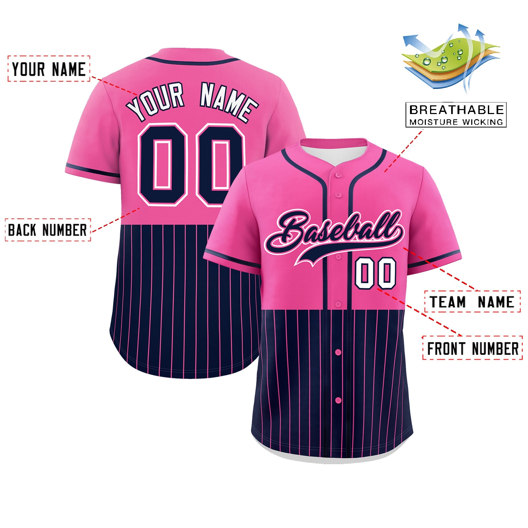 Custom Pink Navy Personalized Half Stripe Design Authentic Baseball Jersey