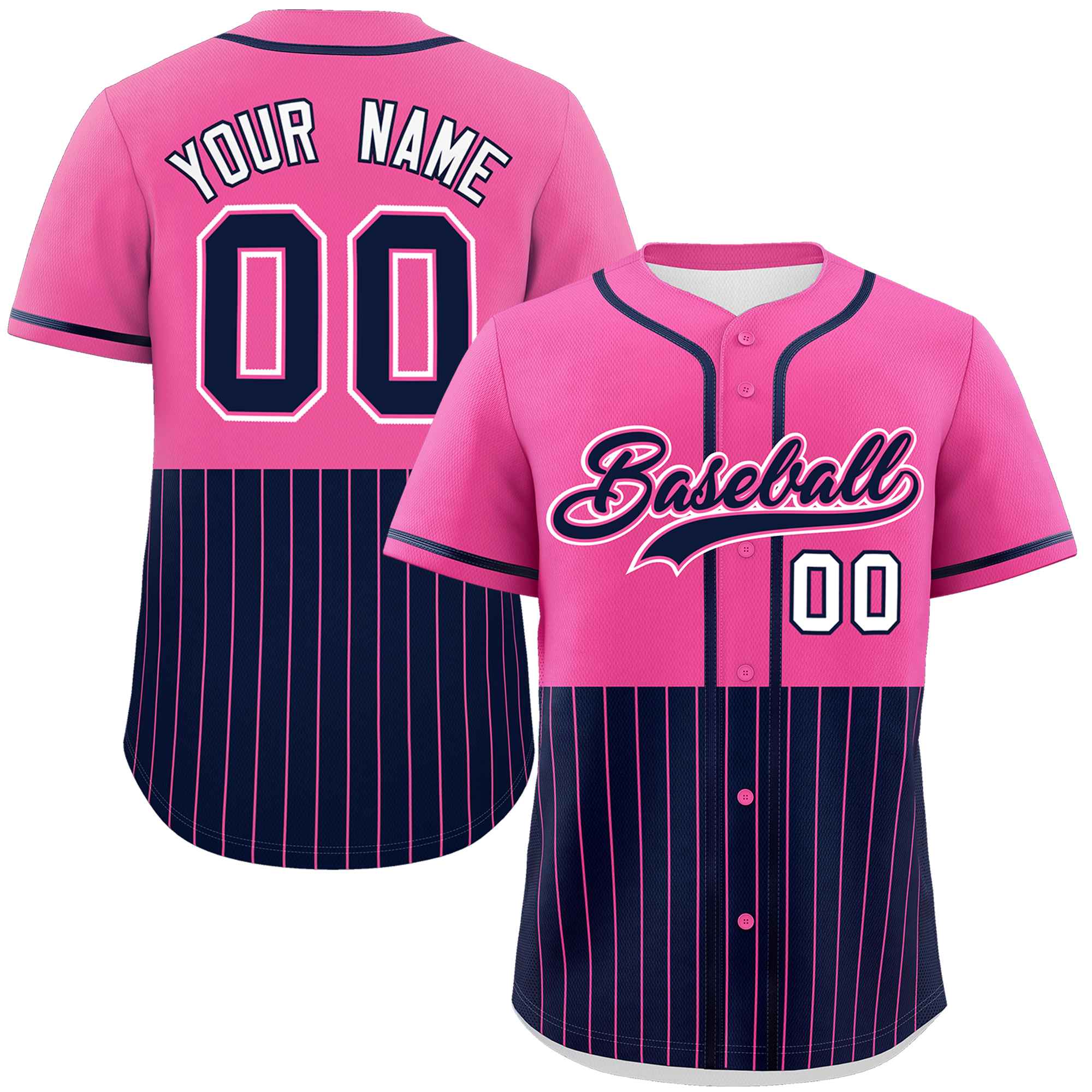 Custom Pink Navy Personalized Half Stripe Design Authentic Baseball Jersey