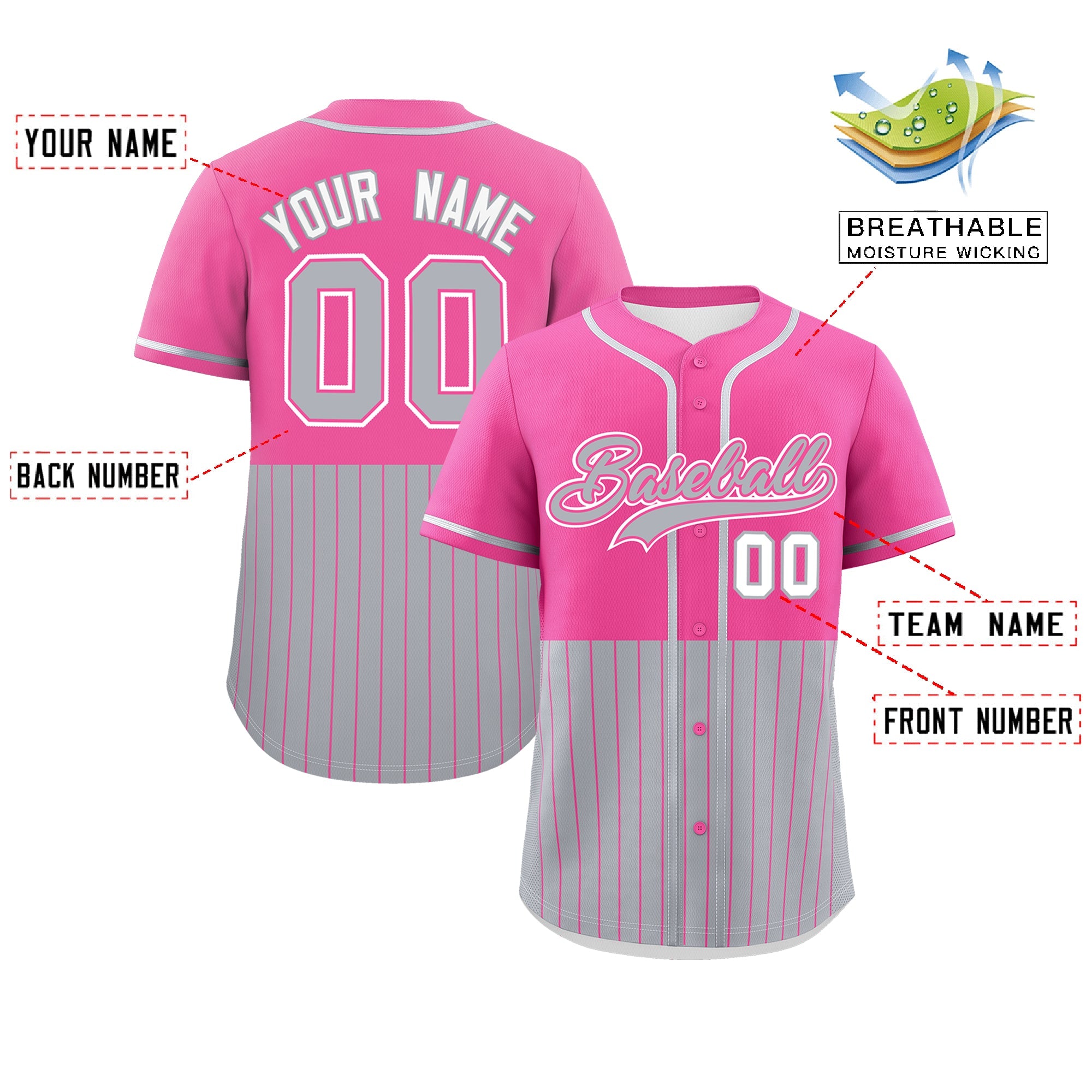 Custom Pink Gray Personalized Half Stripe Design Authentic Baseball Jersey