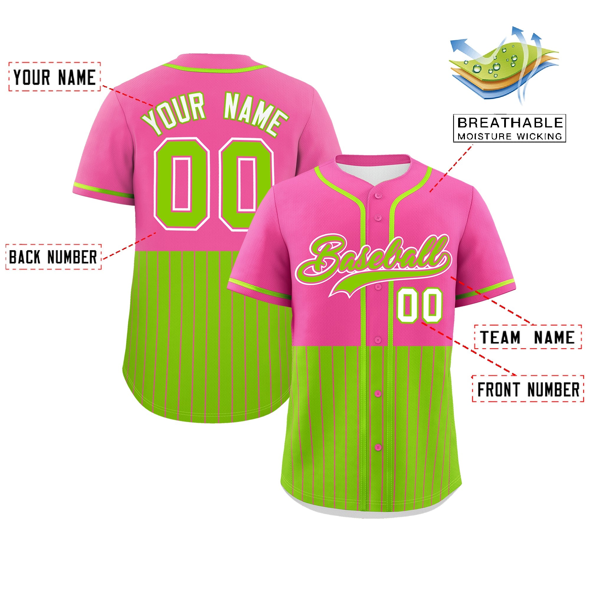 Custom Pink Neon Green Personalized Half Stripe Design Authentic Baseball Jersey