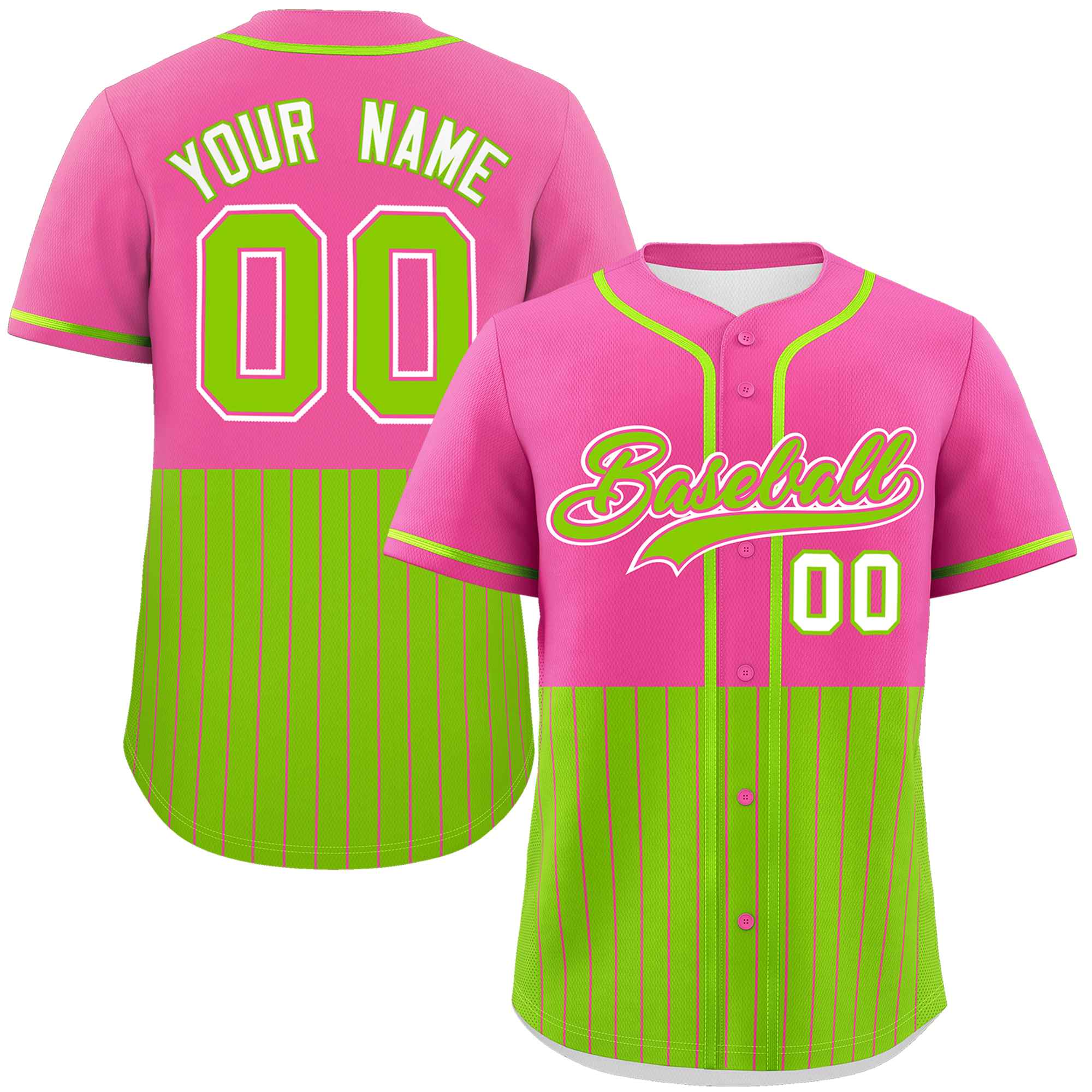 Custom Pink Neon Green Personalized Half Stripe Design Authentic Baseball Jersey