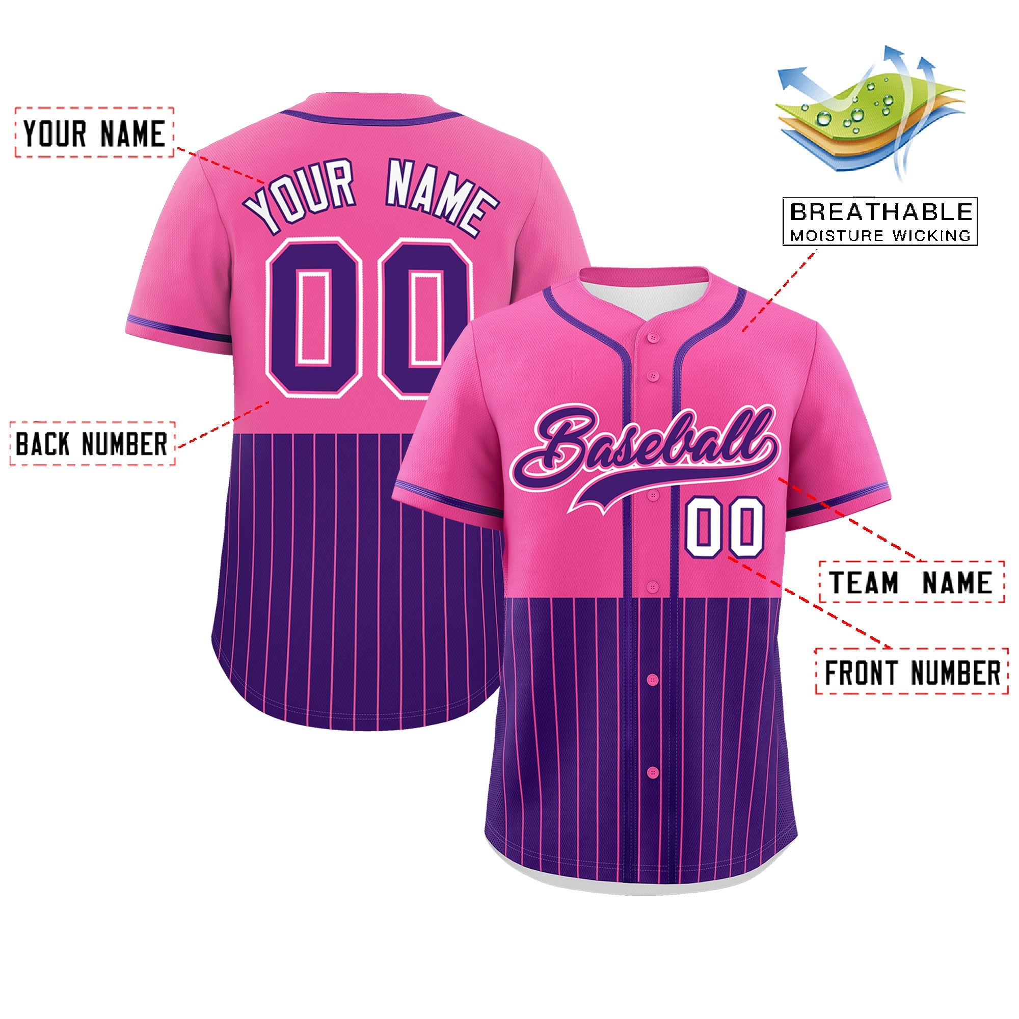 Custom Pink Purple Personalized Half Stripe Design Authentic Baseball Jersey