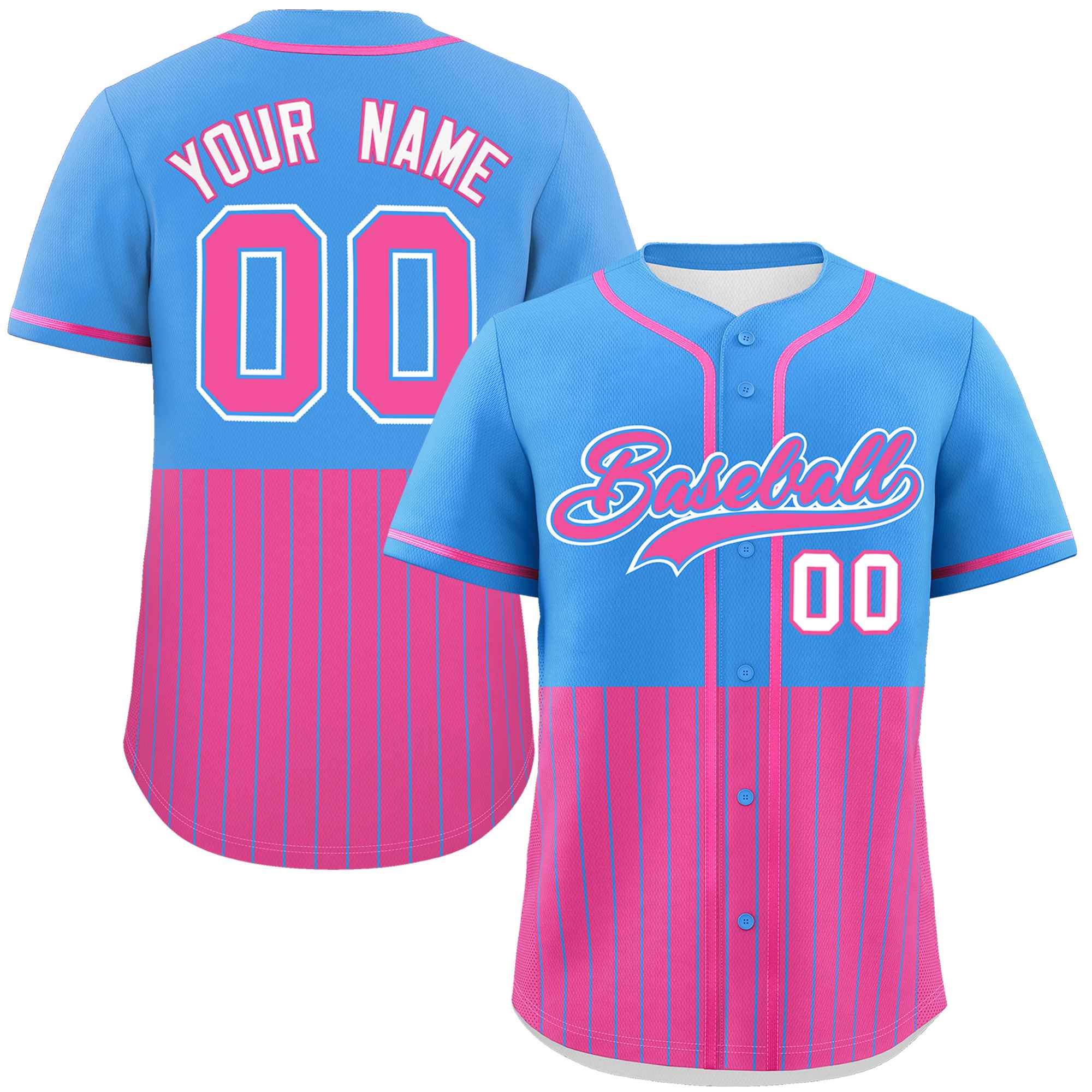 Custom Powder Blue Pink Personalized Half Stripe Design Authentic Baseball Jersey