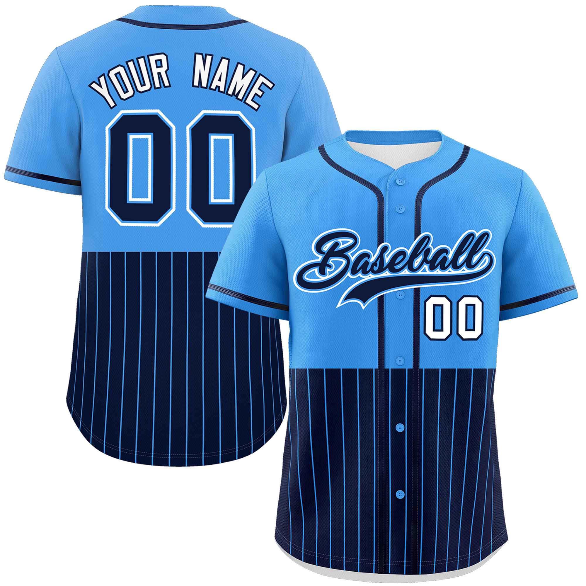 Custom Powder Blue Navy Personalized Half Stripe Design Authentic Baseball Jersey