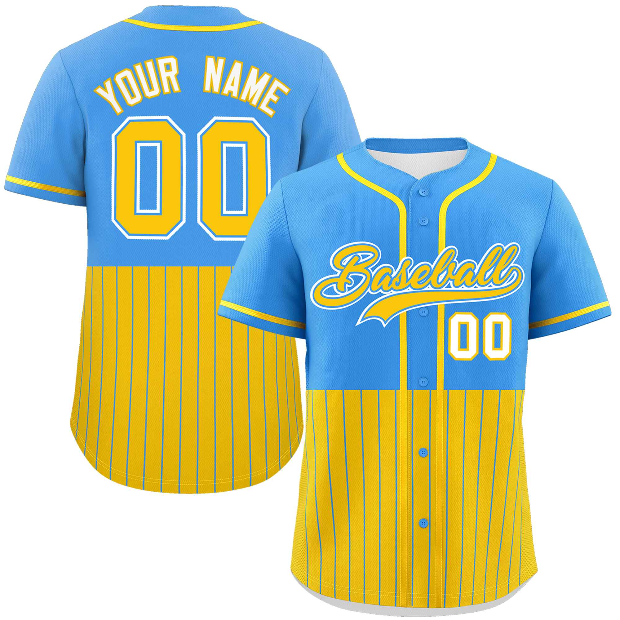 Custom Powder Blue Gold Personalized Half Stripe Design Authentic Baseball Jersey