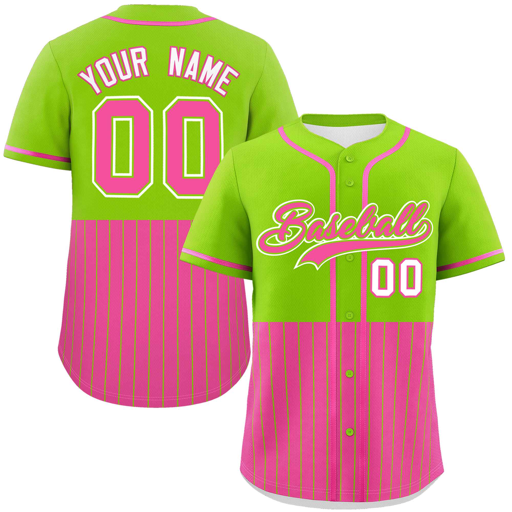 Custom Neon Green Pink Personalized Half Stripe Design Authentic Baseball Jersey