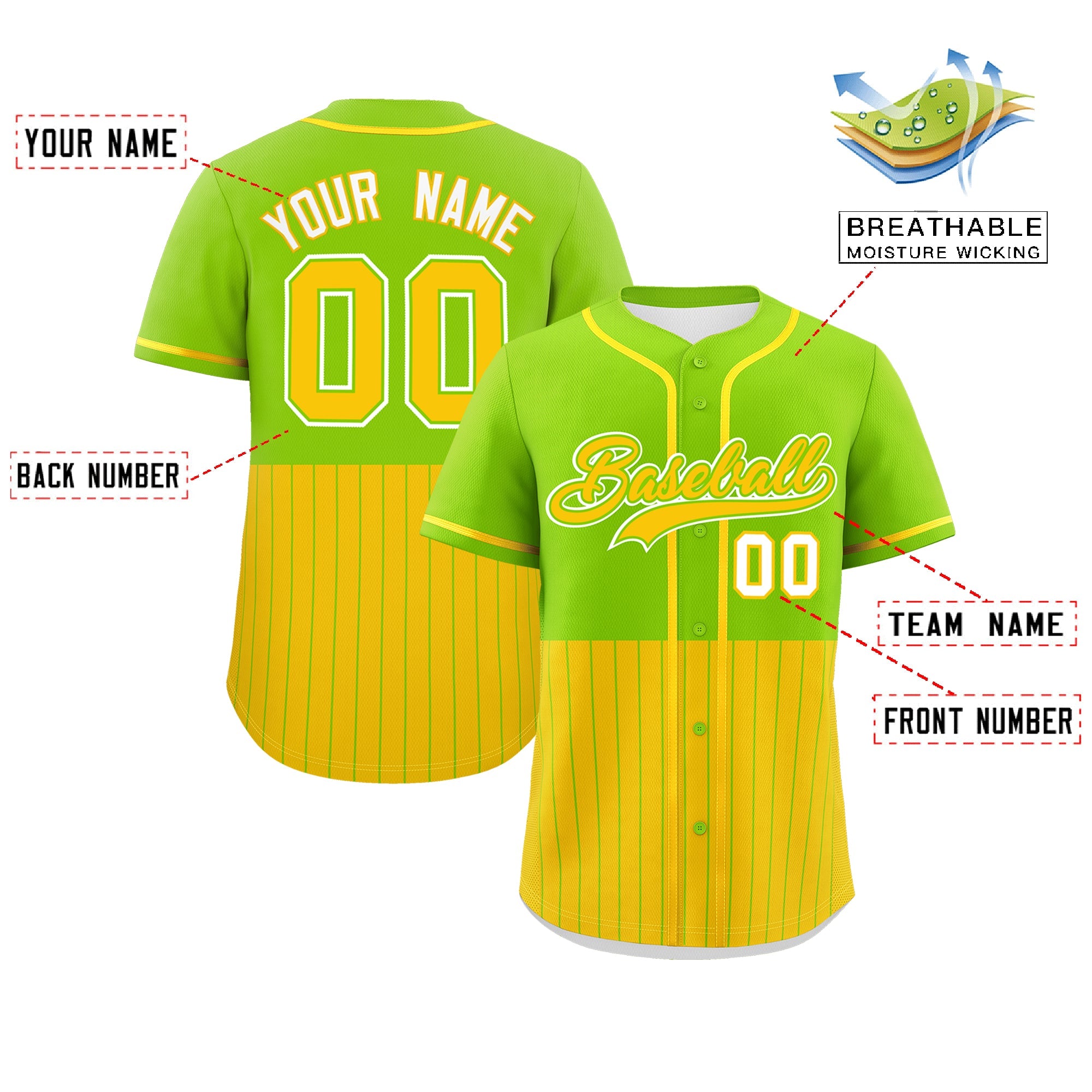 Custom Neon Green Gold Personalized Half Stripe Design Authentic Baseball Jersey