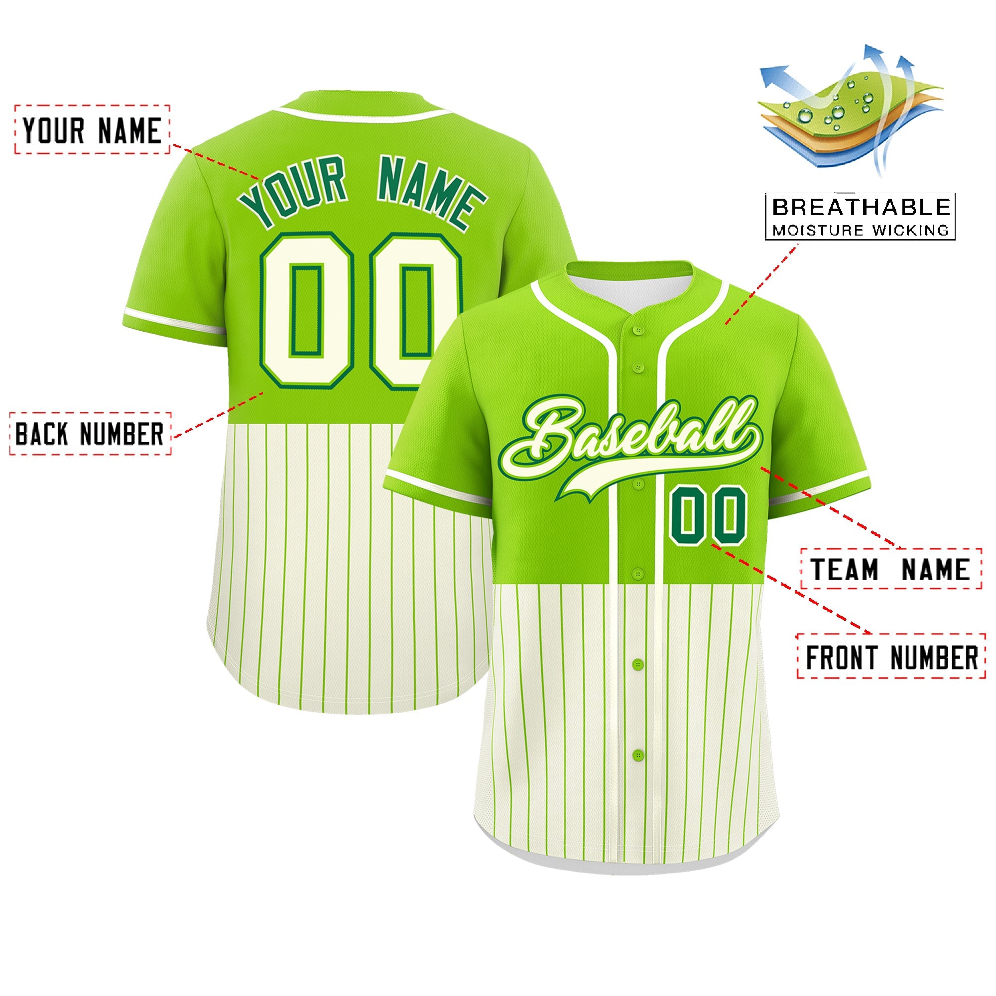 Custom Neon Green Cream Personalized Half Stripe Design Authentic Baseball Jersey