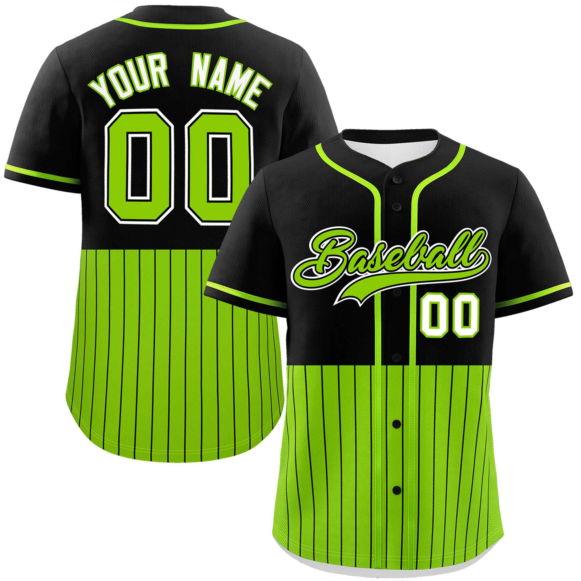 Custom Black Neon Green Personalized Half Stripe Design Authentic Baseball Jersey