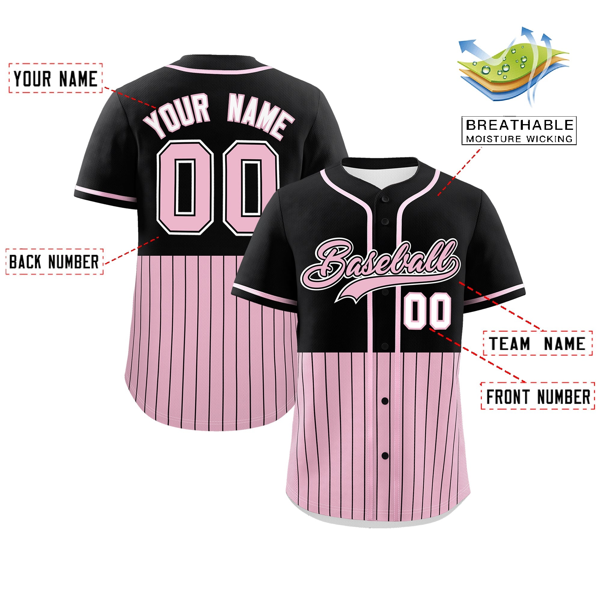 Custom Black Light Pink Personalized Half Stripe Design Authentic Baseball Jersey