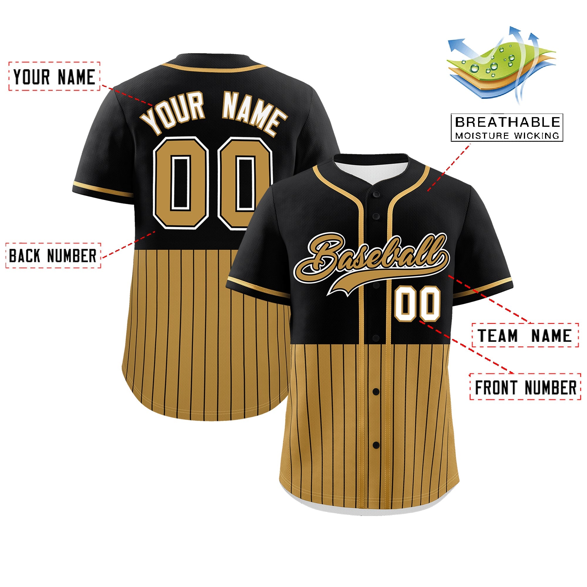 Custom Black Old Gold Personalized Half Stripe Design Authentic Baseball Jersey