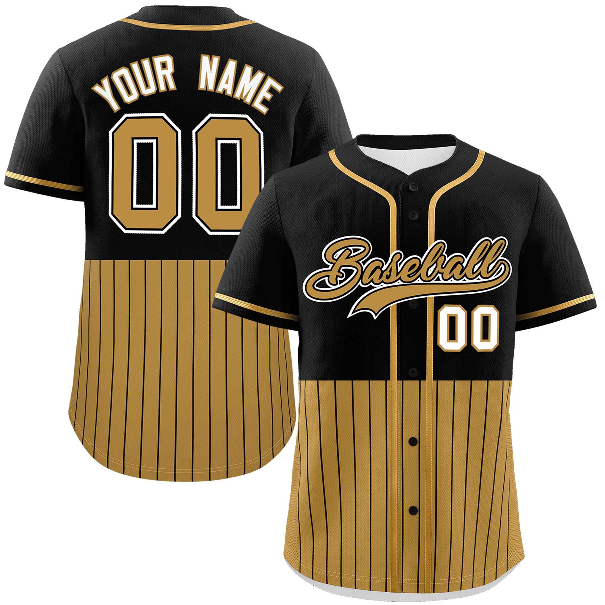 Custom Black Old Gold Personalized Half Stripe Design Authentic Baseball Jersey