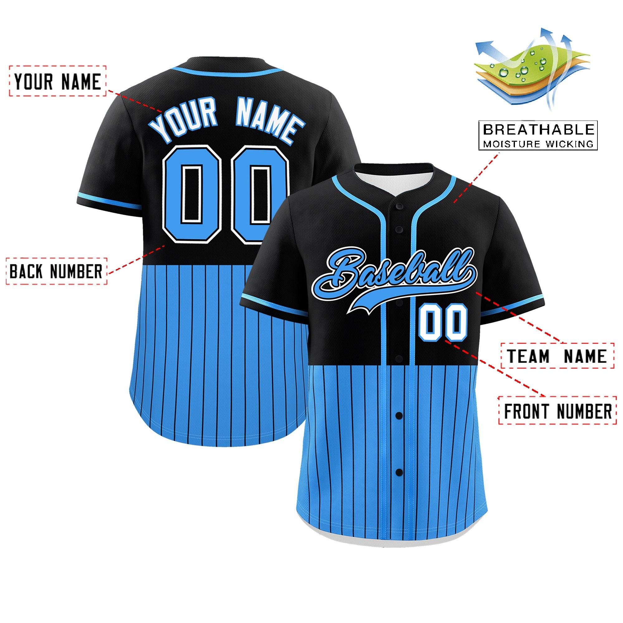 Custom Black Powder Blue Personalized Half Stripe Design Authentic Baseball Jersey