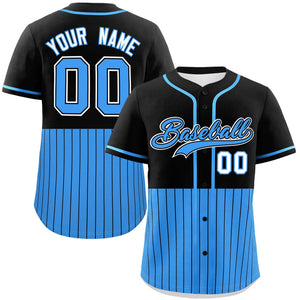 Custom Black Powder Blue Personalized Half Stripe Design Authentic Baseball Jersey