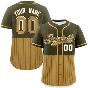 Custom Olive Old Gold Personalized Half Stripe Design Authentic Baseball Jersey