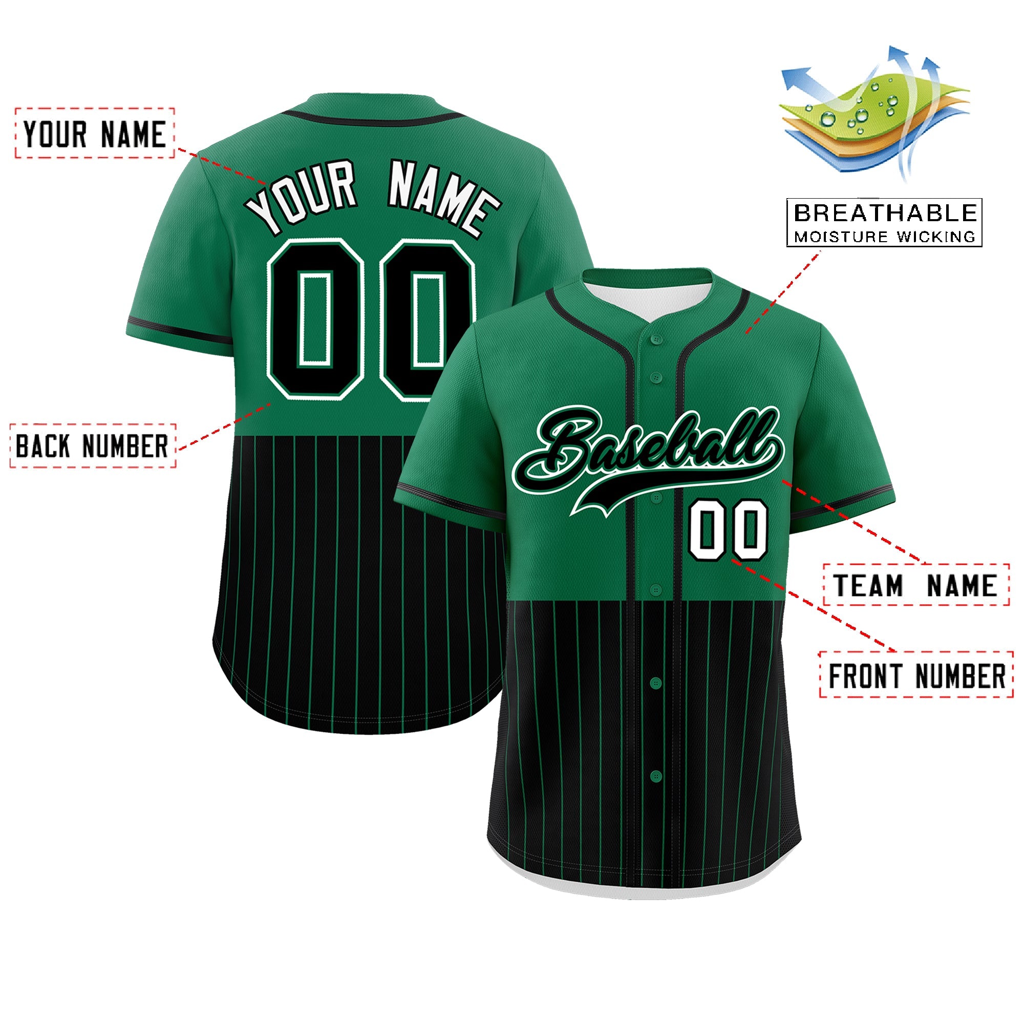 Custom Kelly Green Black Personalized Half Stripe Design Authentic Baseball Jersey