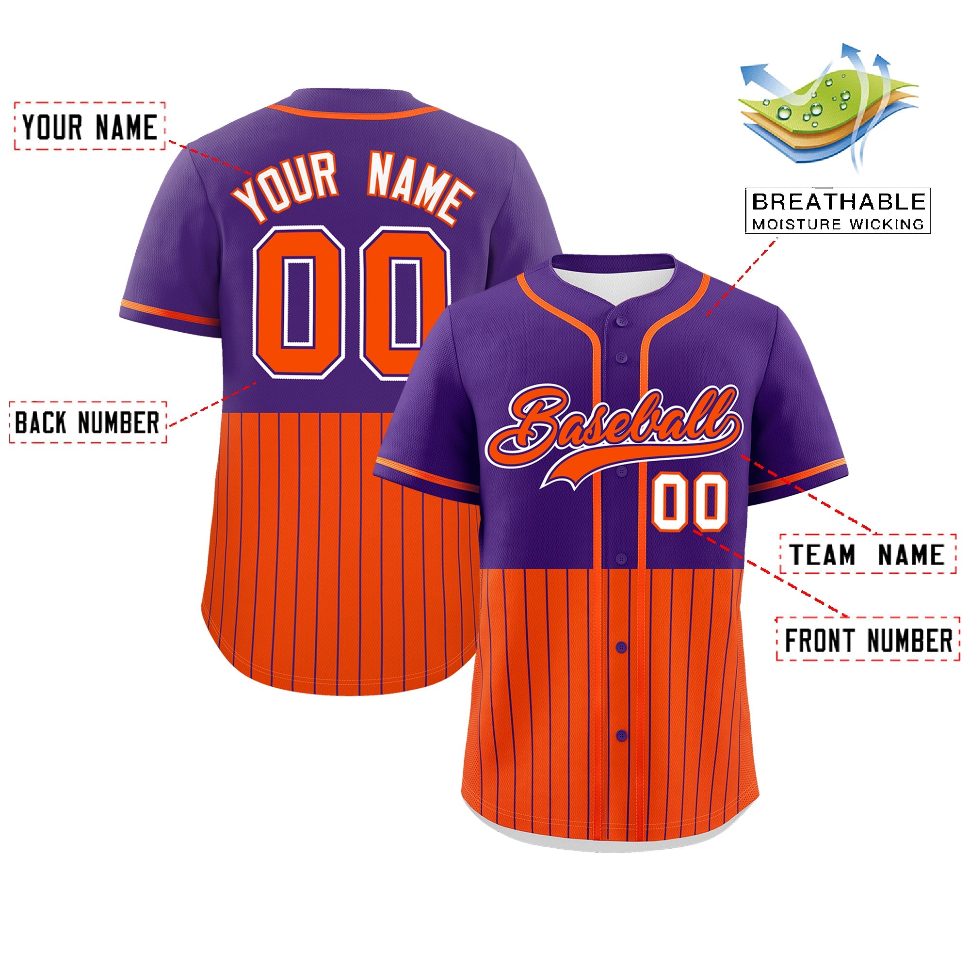 Custom Purple Orange Personalized Half Stripe Design Authentic Baseball Jersey