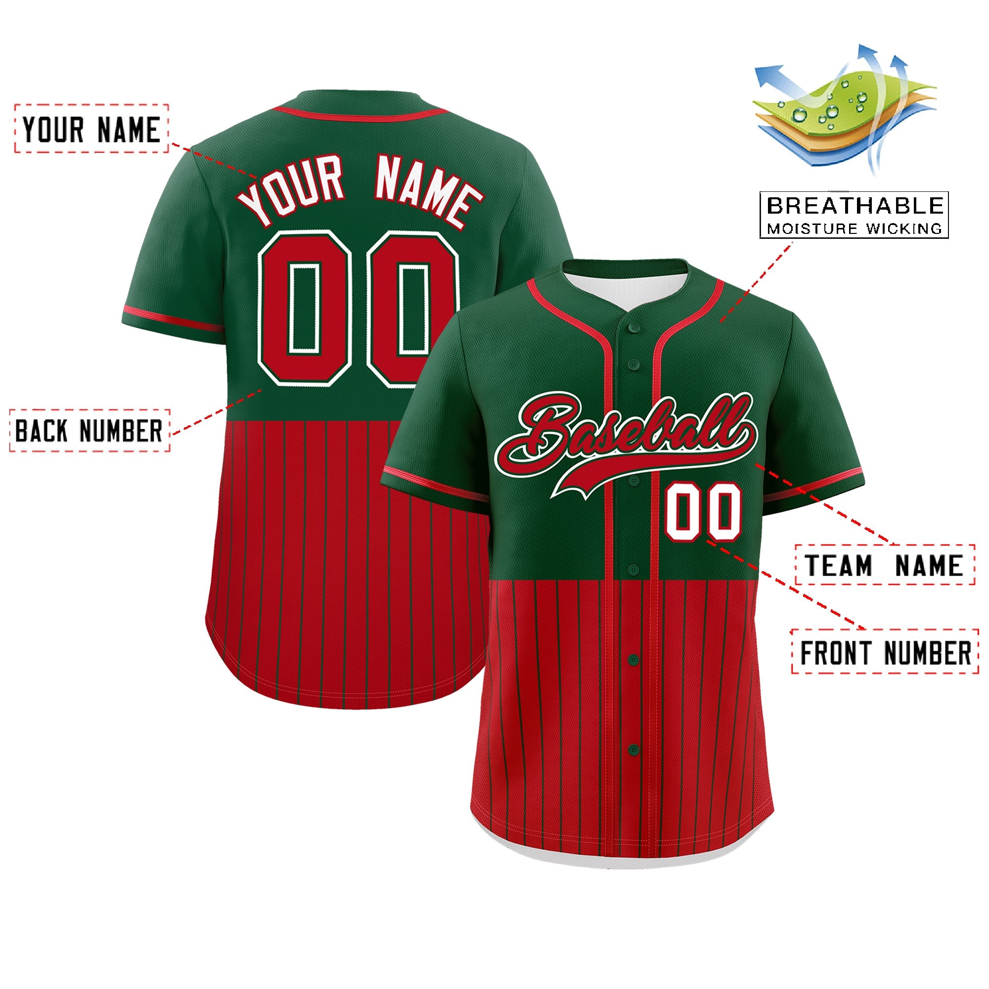 Custom Green Red Personalized Half Stripe Design Authentic Baseball Jersey