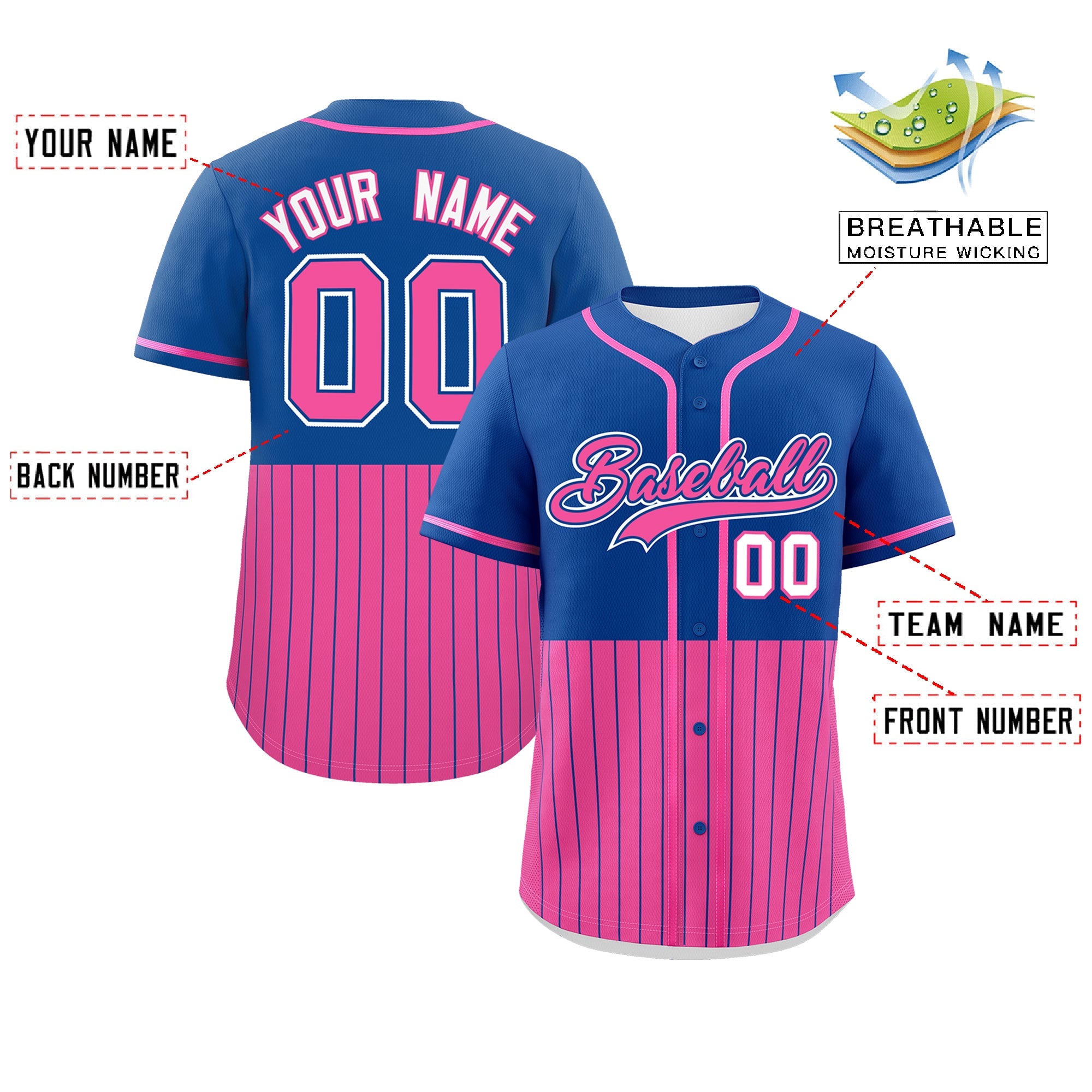 Custom Royal Pink Personalized Half Stripe Design Authentic Baseball Jersey