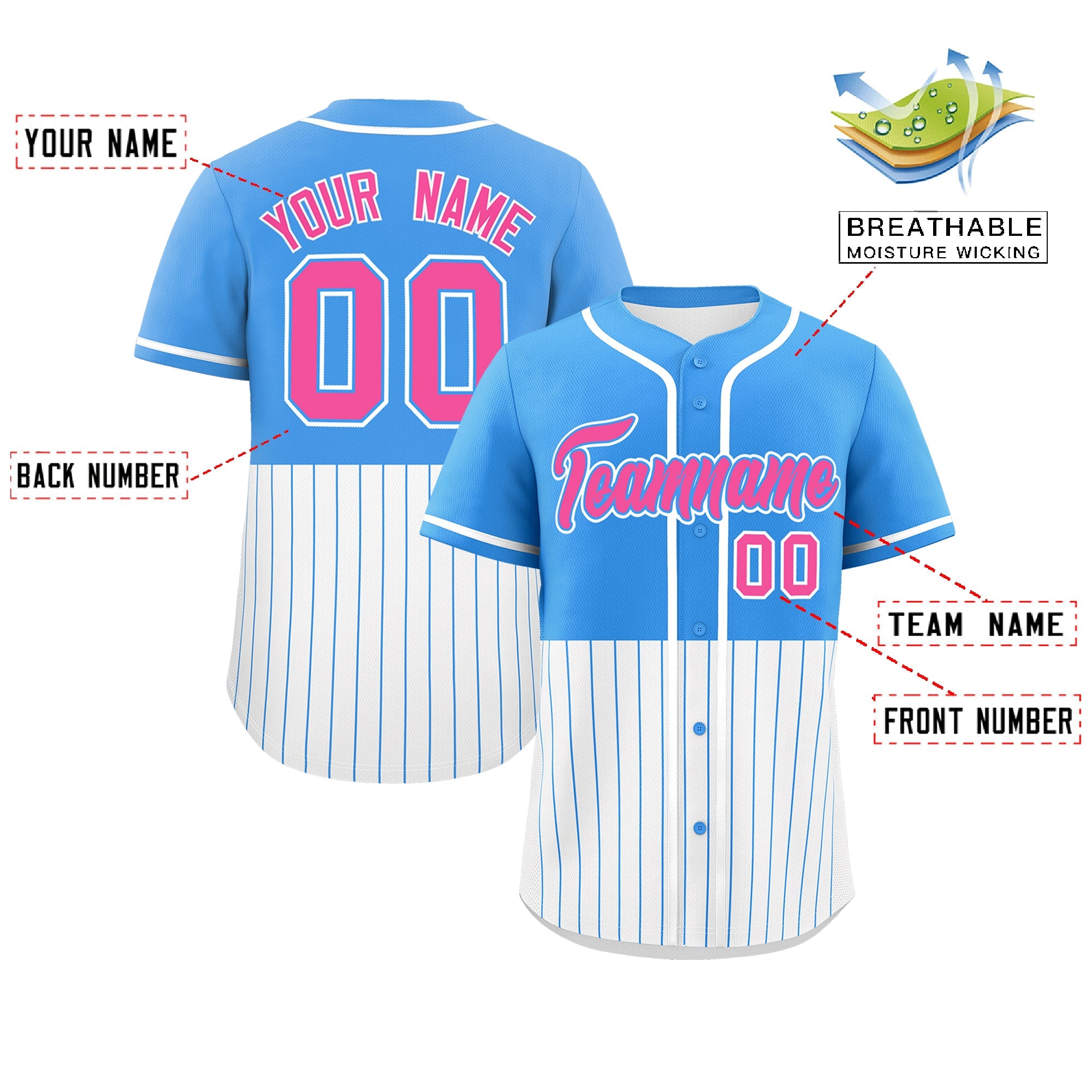 Custom Powder Blue White Personalized Half Stripe Design Authentic Baseball Jersey