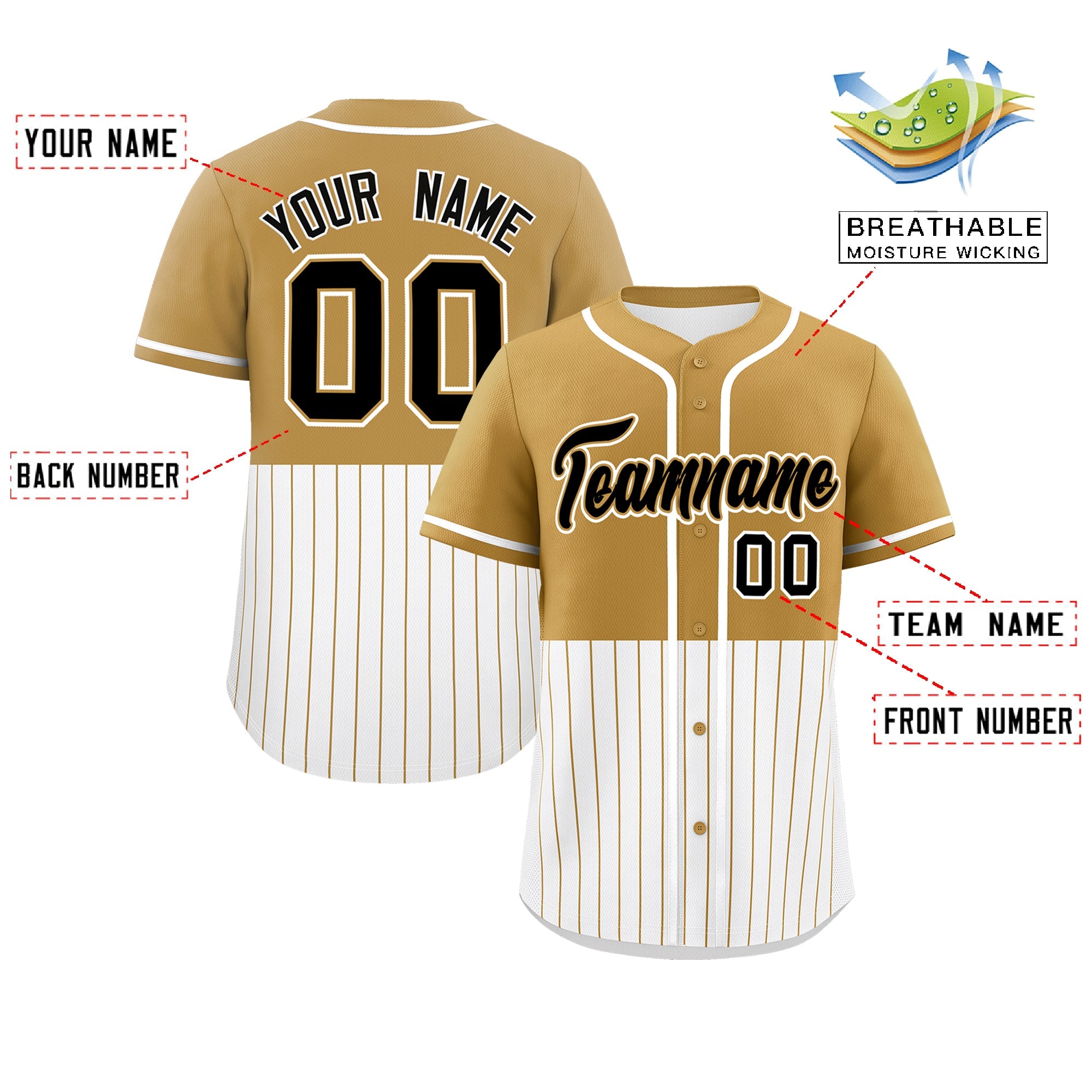 Custom Old Gold White Personalized Half Stripe Design Authentic Baseball Jersey