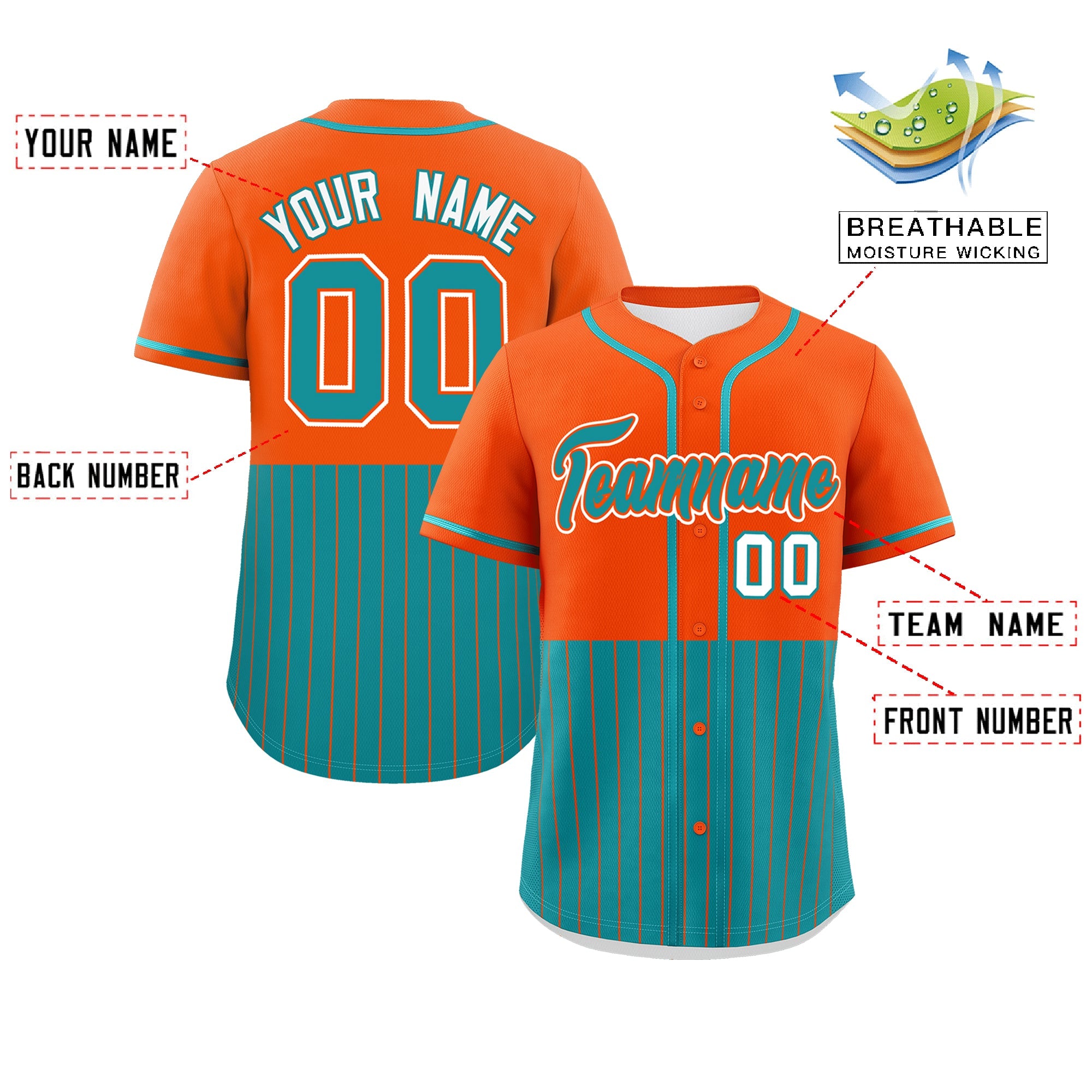 Custom Orange Aqua Personalized Half Stripe Design Authentic Baseball Jersey