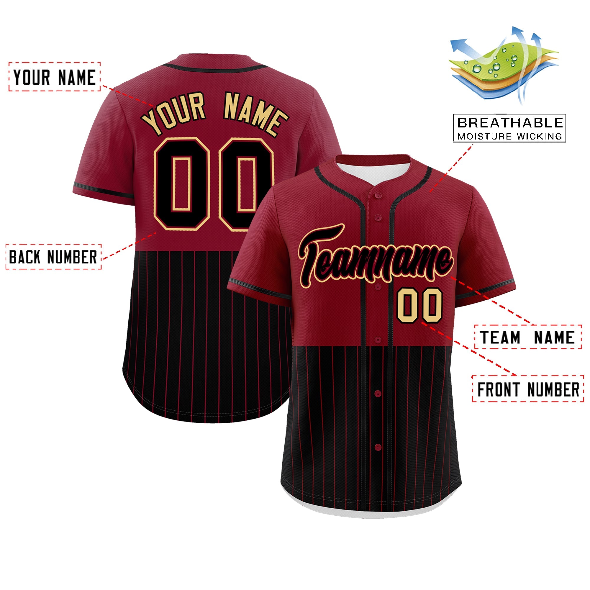 Custom Crimson Black Personalized Half Stripe Design Authentic Baseball Jersey