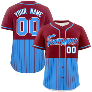 Custom Crimson Powder Blue Personalized Half Stripe Design Authentic Baseball Jersey