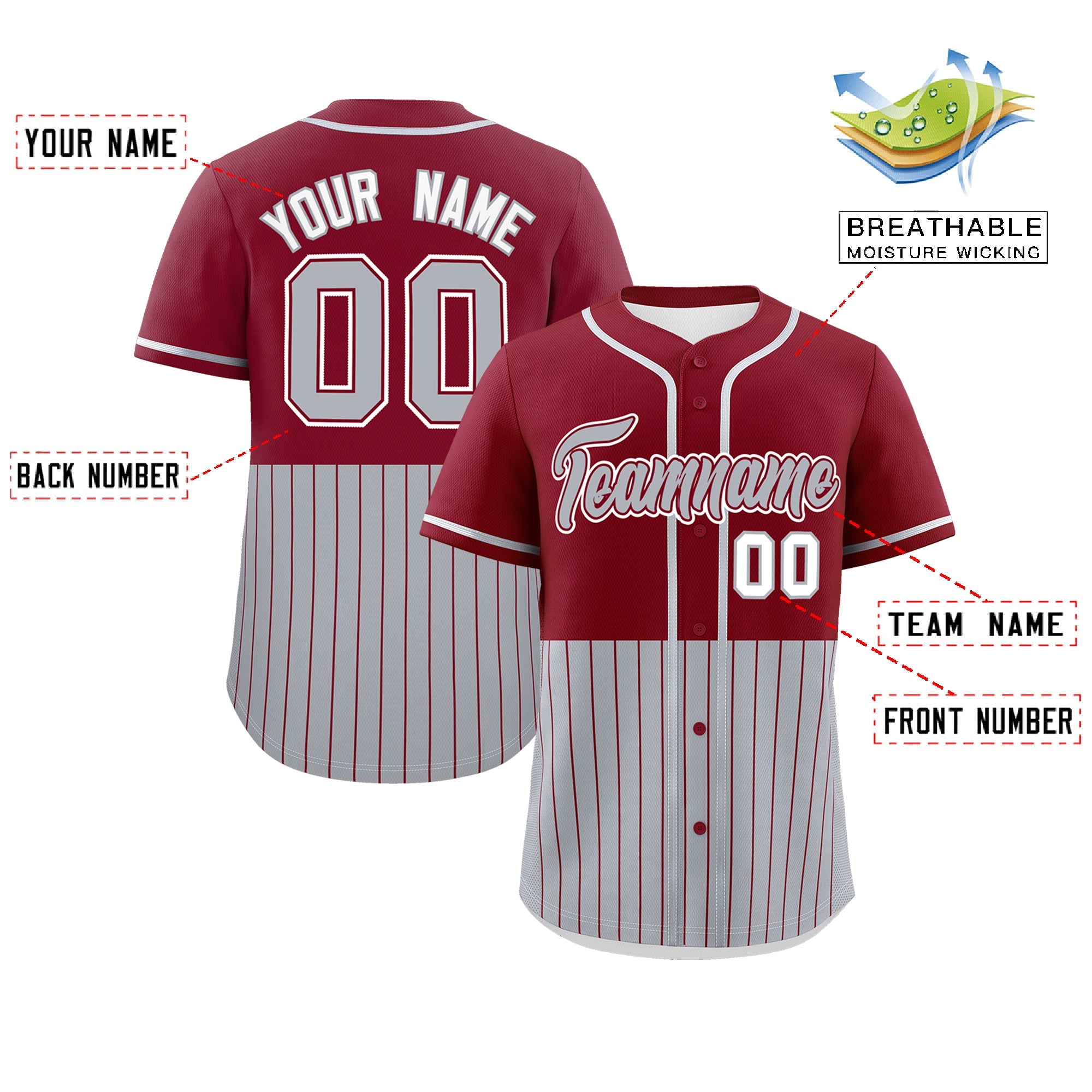 Custom Crimson Gray Personalized Half Stripe Design Authentic Baseball Jersey