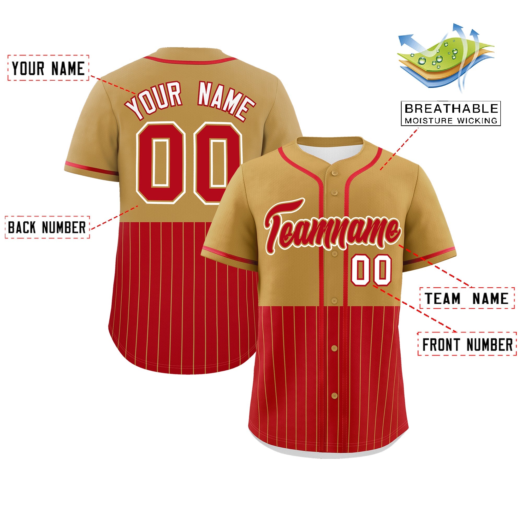 Custom Old Gold Red Personalized Half Stripe Design Authentic Baseball Jersey